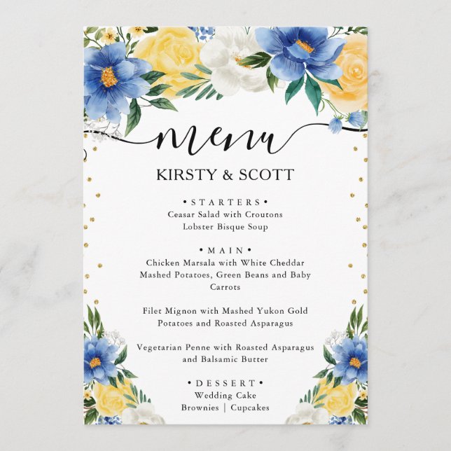 Blue and Yellow Summer Flowers Wedding Menu (Front)