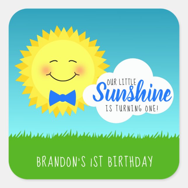 Blue and Yellow Sunshine Birthday Party Square Sticker (Front)