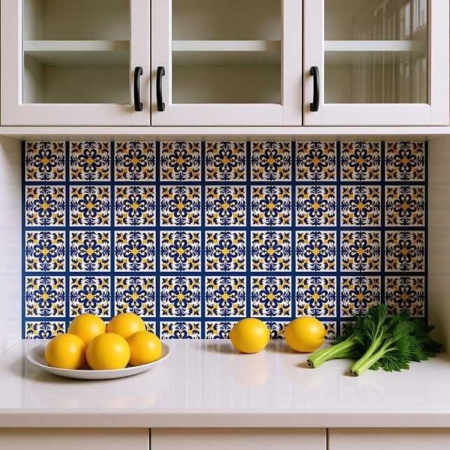  💛💙 Blue and yellow, symmetrical Azulejos  Tile (💛💙 Blue and yellow, symmetrical Azulejos Ceramic Tile)