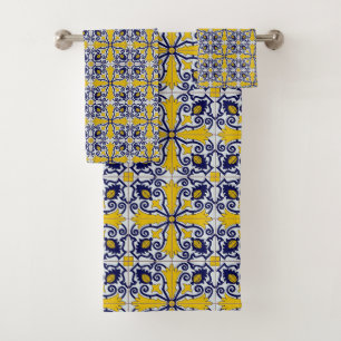 blue and yellow tile bath towel set