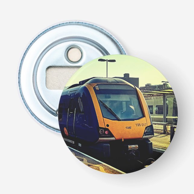 Blue and yellow train bottle opener (Front)