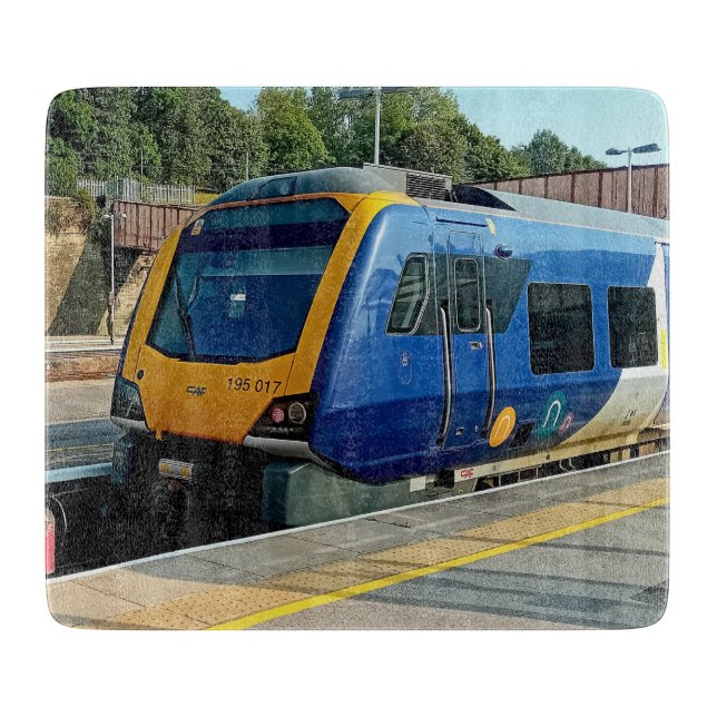 Blue and yellow train cutting board (Front)