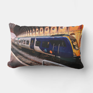 Blue and yellow train lumbar cushion