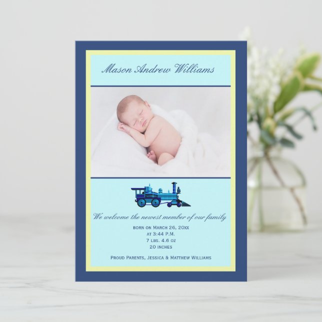 Blue and Yellow Train Themed Photo Birth Announcement (Standing Front)