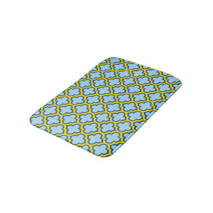 Blue and Yellow Trellis, Lattice, Quatrefoil Bath Mat