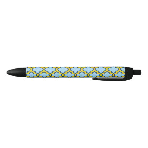 Blue and Yellow Trellis, Lattice, Quatrefoil Black Ink Pen