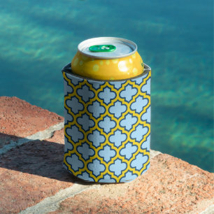 Blue and Yellow Trellis, Lattice, Quatrefoil Can Cooler