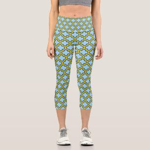 Blue and Yellow Trellis, Lattice, Quatrefoil Capri Leggings
