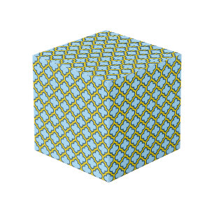 Blue and Yellow Trellis, Lattice, Quatrefoil Cube