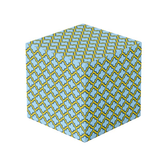 Blue and Yellow Trellis, Lattice, Quatrefoil Cube (Front Angled)