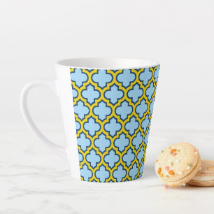 Blue and Yellow Trellis, Lattice, Quatrefoil Latte Mug