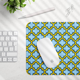 Blue and Yellow Trellis, Lattice, Quatrefoil Mouse Pad