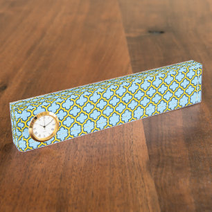 Blue and Yellow Trellis, Lattice, Quatrefoil Nameplate