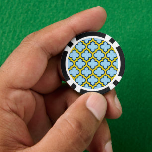 Blue and Yellow Trellis, Lattice, Quatrefoil Poker Chips