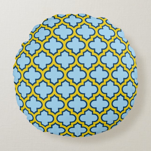 Blue and Yellow Trellis, Lattice, Quatrefoil Round Cushion (Front)