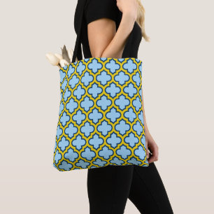 Blue and Yellow Trellis, Lattice, Quatrefoil Tote Bag
