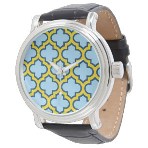 Blue and Yellow Trellis, Lattice, Quatrefoil Watch