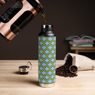 Blue and Yellow Trellis, Lattice, Quatrefoil Water Bottle