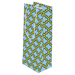Blue and Yellow Trellis, Lattice, Quatrefoil Wine Gift Bag