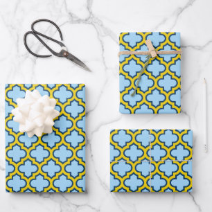 Blue and Yellow Trellis, Lattice, Quatrefoil Wrapping Paper Sheet