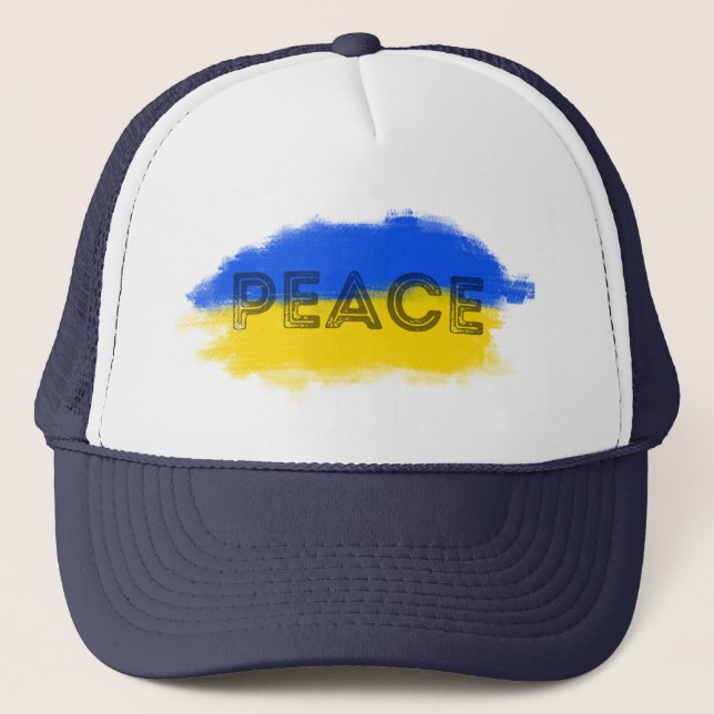 Blue and Yellow Ukraine Inspired Peace No War Trucker Hat (Front)