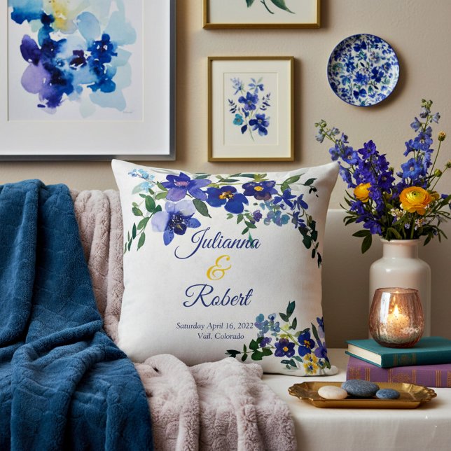 Blue and yellow watercolor floral wedding  cushion (Creator Uploaded)