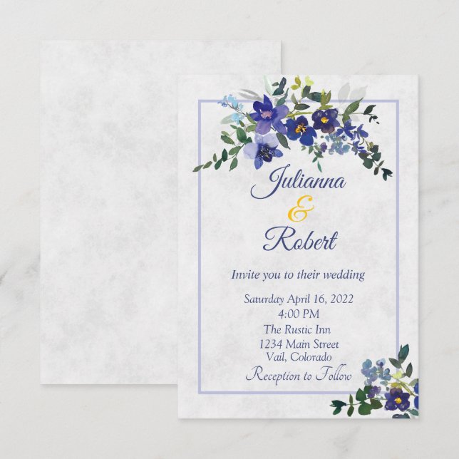 Blue and yellow watercolor floral wedding invitati invitation (Front/Back)