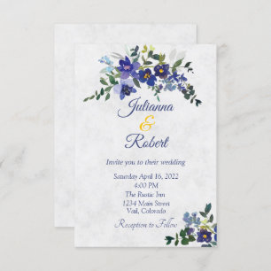 Blue and yellow watercolor floral wedding invitation