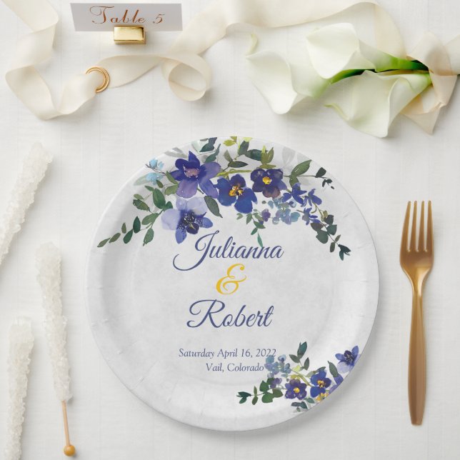 Blue and yellow watercolor floral wedding  paper plate (Wedding)