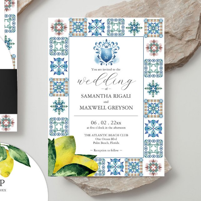 Blue and Yellow Watercolor Lemon Wedding Invitation (Stacked wedding invitations yellow and blue citrus theme with Amalfi tile by Victoria Grigaliunas)