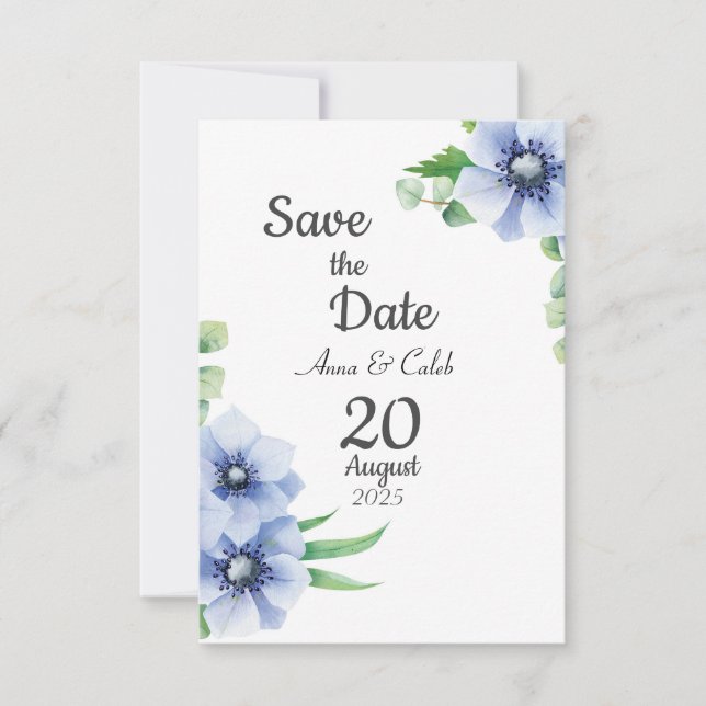 Blue Anemone and Eucalyptus Save the Date Card (Front)