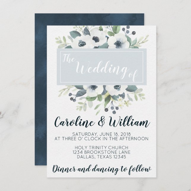 Blue Anemone Floral Wedding Invitation Invite (Front/Back)