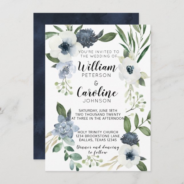 Blue Anemone Floral Wedding Invitation Invite (Front/Back)