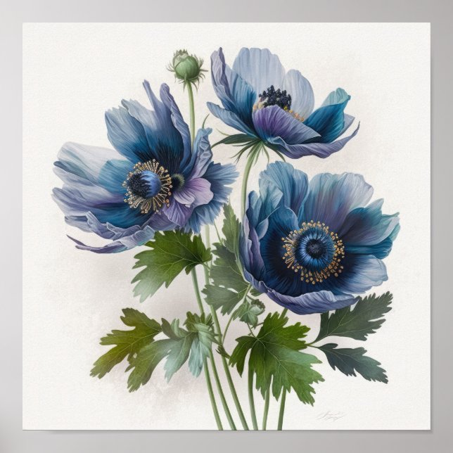 Blue Anemone Flowers Art Print Poster (Front)