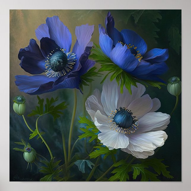 Blue Anemone Flowers Art Print Poster (Front)