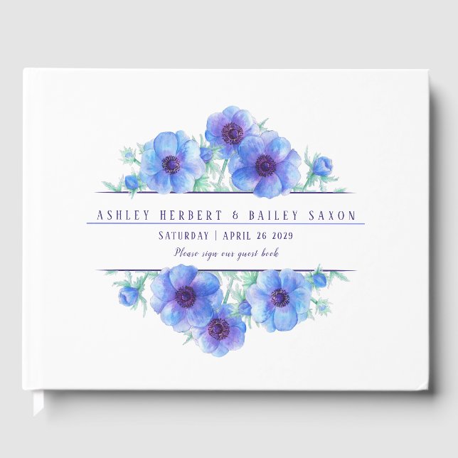 Blue anemone watercolor wedding guest book (Front)