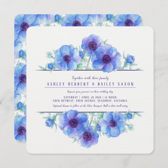 Blue anemones botanical watercolor wedding invites (Front/Back)