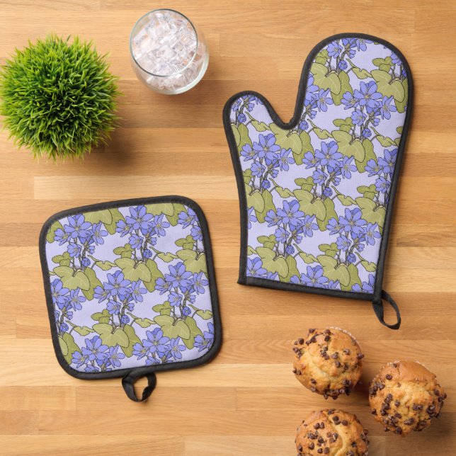Blue Anemones Oven Mitt & Pot Holder Set (Top Down)