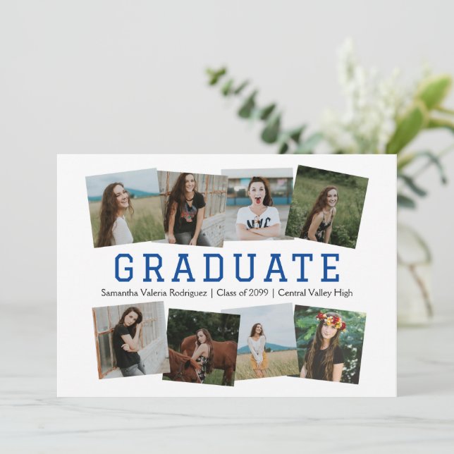 Blue Angled Eight-Photo Graduation Announcement (Standing Front)
