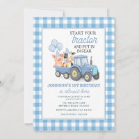 Blue Animal Farm Tractor 1st Birthday Invitation