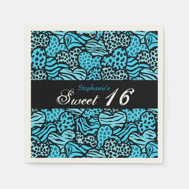 Blue animal pattern hearts Sweet 16 Napkin (Front)