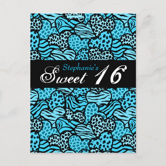 Blue animal pattern hearts Sweet 16 Postcard (Front)