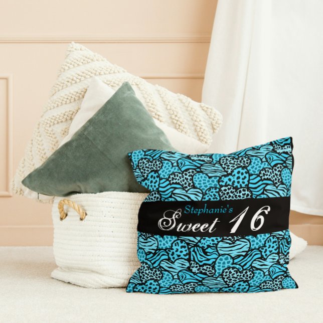 Blue animal pattern hearts Sweet Sixteen Pillow (Creator Uploaded)