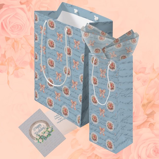 Blue Antique Lettering Toile Bows Pink Roses Medium Gift Bag (Creator Uploaded)