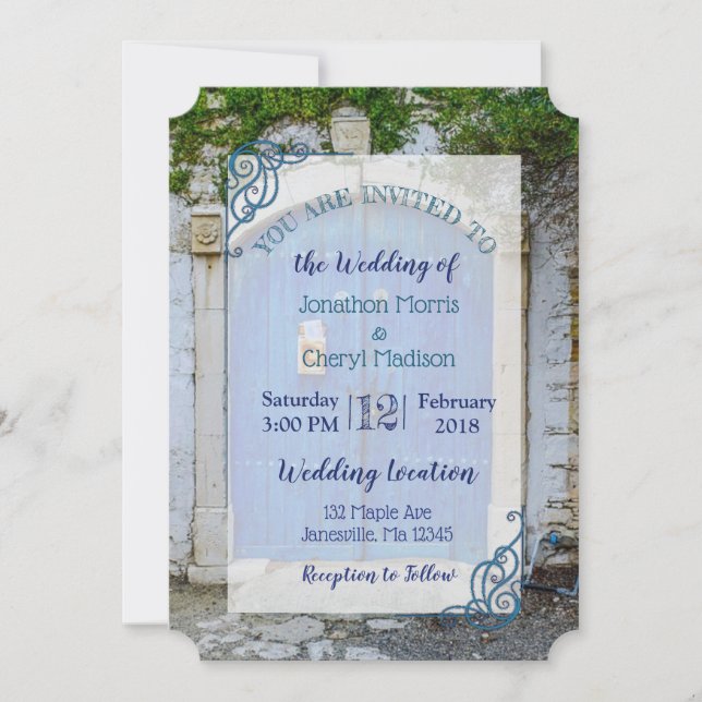 Blue Antique Romantic Door Wedding Invitations (Front)