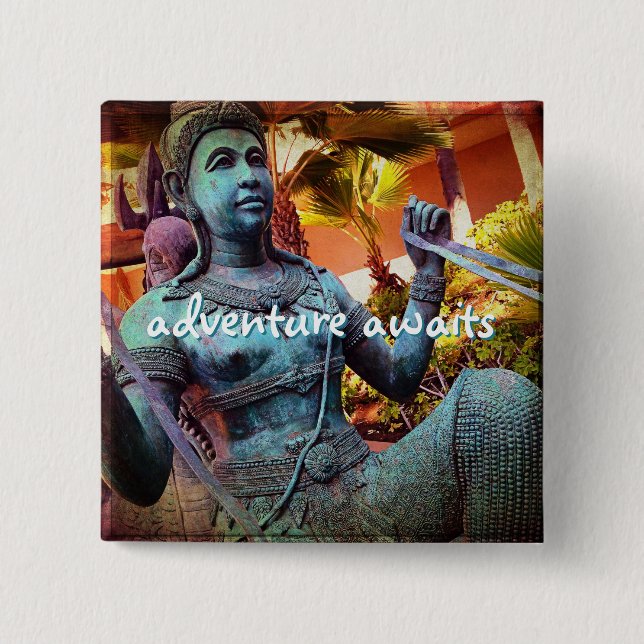 Blue Antique Warrior Statue Adventure Awaits Quote 15 Cm Square Badge (Front)
