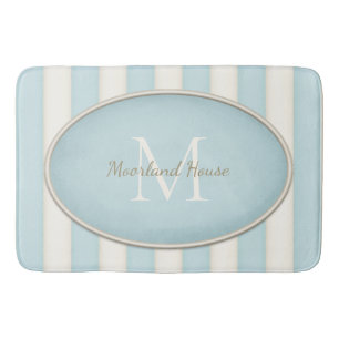 Blue & Antique White Stripes Oval Framed Monogram Bath Mat