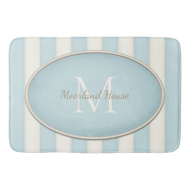 Blue & Antique White Stripes Oval Framed Monogram Bath Mat (Front)