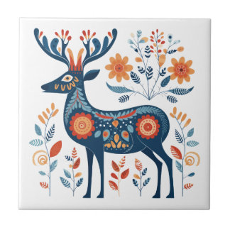 Blue Antler Deer Scandinavian Folk Art Tile