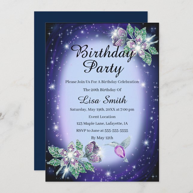 Blue Any Age Bling Floral Bird Birthday Invitation (Front/Back)